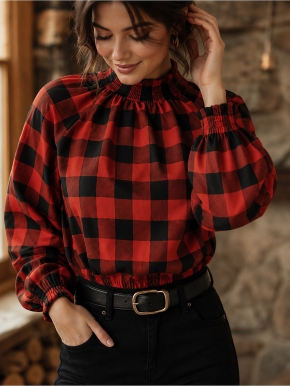 Main Strip Red Black Buffalo Plaid S Blouse Smocked Neck Cottagecore Cabincore